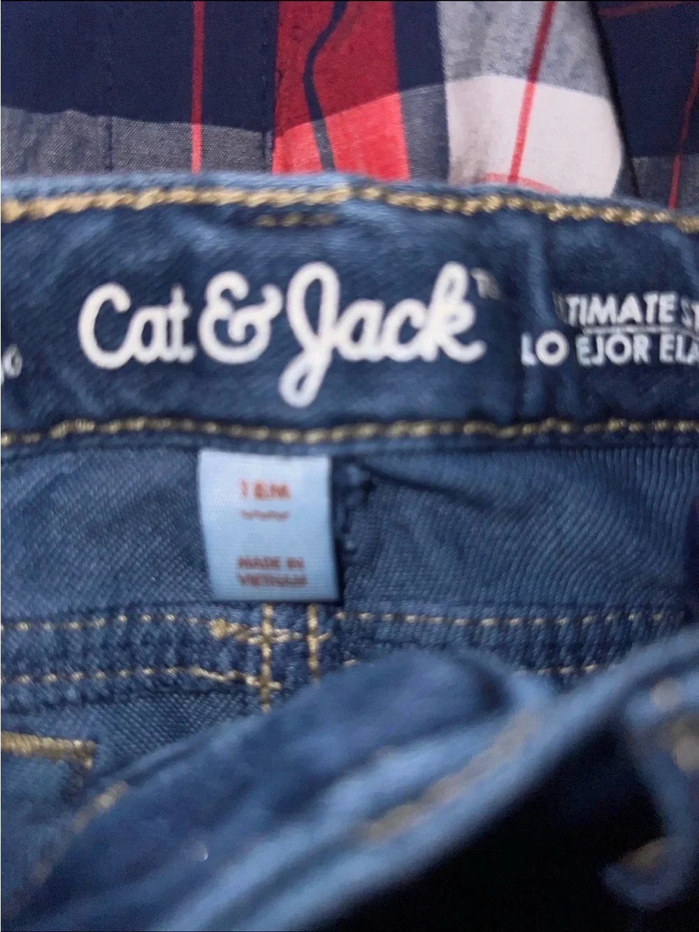 Cat & Jack Red Navy White Plaid Button-Up Onesie with Dark Denim Jeans 18M